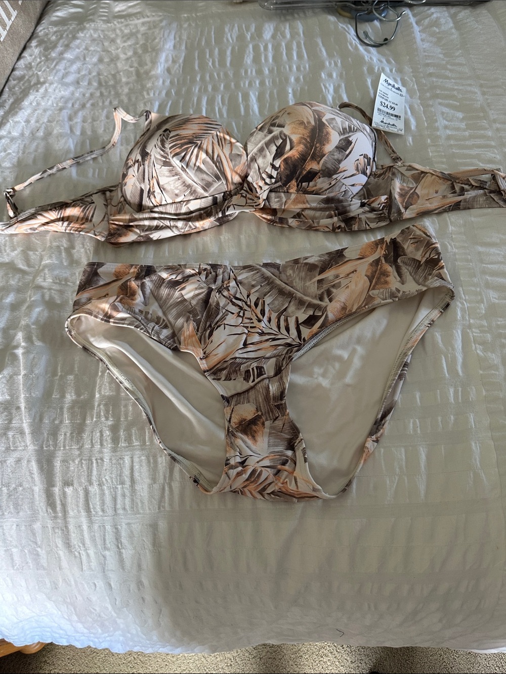 Tropical Leaf Print Bandeau Bikini Set in Beige and Brown